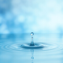 A single droplet of water falls and creates concentric ripples on a tranquil blue surface