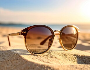 Sunglasses rest on the sand, casting shadows on a bright sunny beach day.