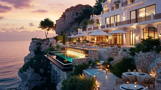 Luxurious cliffside resort at sunset