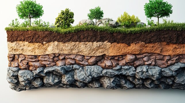 A cross section of Earth revealing soil layers bedrock and vibrant green life showing natures beauty and time with