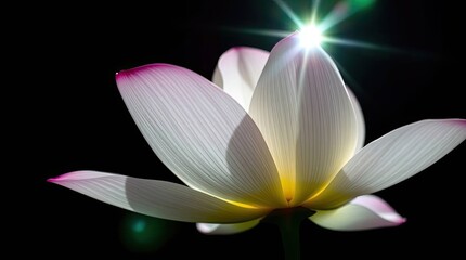 Close-up of a white lotus flower with pink edges and a bright light