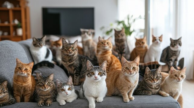 Many cats in a modern room asking for food