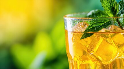 Refreshing glass of iced tea garnished with mint leaves, set against a vibrant green background