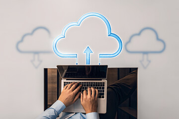 Man Working on Laptop, Cloud Computing Data Upload