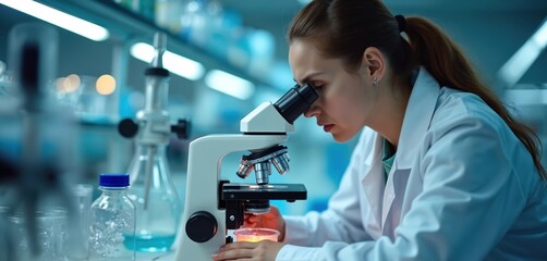 Female scientist analyzes sample under microscope in lab. Biotechnology research, medical studies, drug discovery, scientific work. Lab assistant tests medicine. Modern pharma lab. Biochemistry
