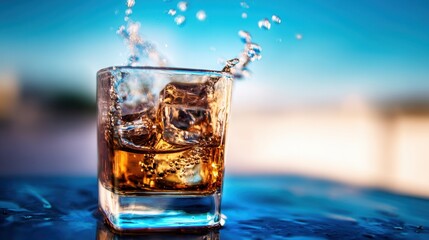 Close-up of a whiskey glass with ice splashing against a vibrant blue background