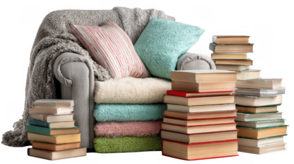 Inviting reading nook featuring a comfortable armchair draped in soft blankets and pillows, surrounded by stacks of books, creating a cozy atmosphere for book lovers