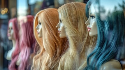 Mannequins with long blonde hair in various shades on store display