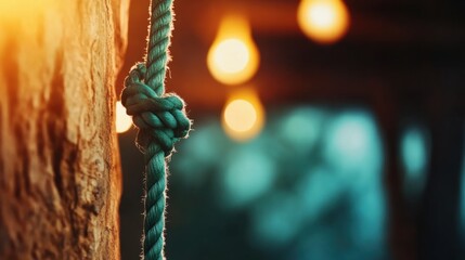 Colorful outdoor lighting and a close-up of a textured green rope knot