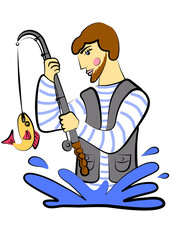 A fisherman holds a fishing rod in his hands.
