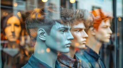 Mannequins with male hairstyles in a row on store display