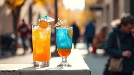 Two colorful cocktails with ice and fruit garnishes on an outdoor table