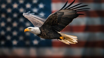 Naklejka premium A majestic bald eagle soars majestically in front of a vibrant American flag backdrop symbolizing freedom and national pride with powerful wings outstretched in flight.