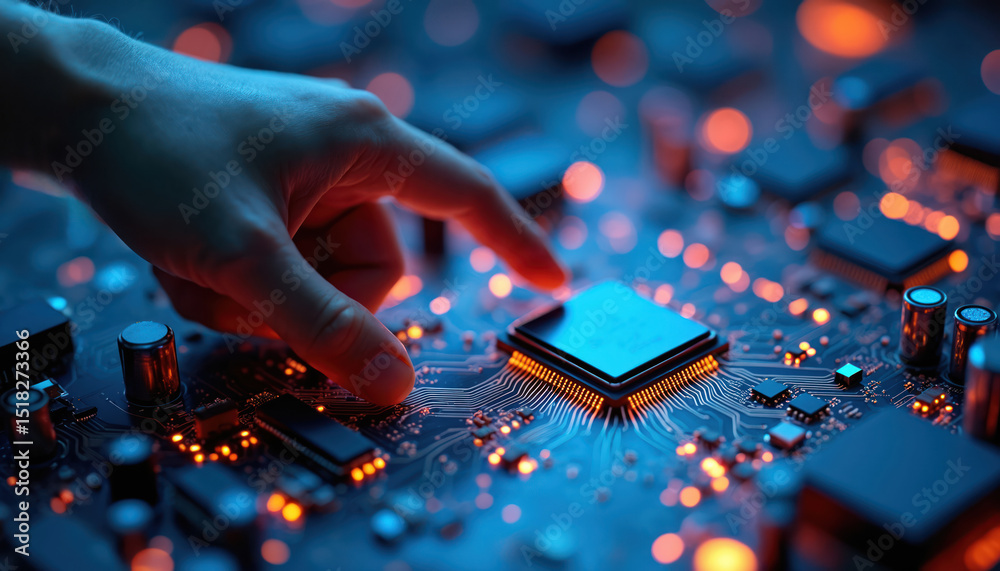 Poster human hand points to ai circuit board. electronic pcb circuit icon symbol. futuristic technology, ad