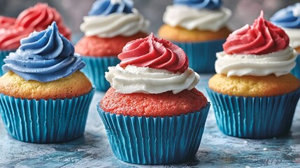 A close-up shot showcases six delectable red white and blue cupcakes adorned with swirls of festive frosting led on a textured blue surface perfect for patriotic celebrations