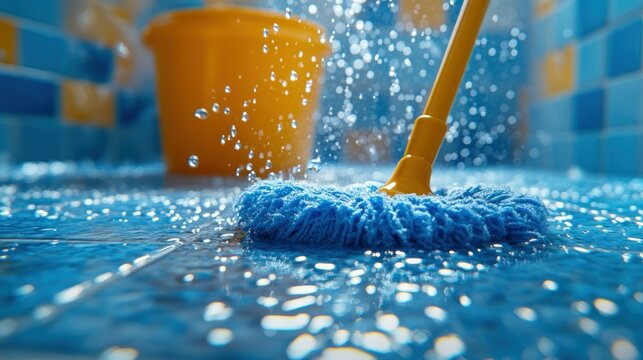 Wet mop cleaning bathroom floor. Water splashes from a yellow bucket