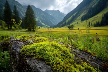 Obraz premium Lush Green Moss on Log in a Scenic Mountain Landscape