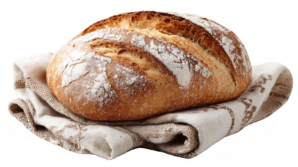 Freshly baked loaf of sourdough bread with golden crust and dusting of flour, resting on a patterned linen cloth against a transparent background