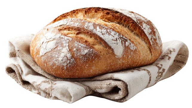 Freshly baked loaf of sourdough bread with golden crust and dusting of flour, resting on a patterned linen cloth against a transparent background