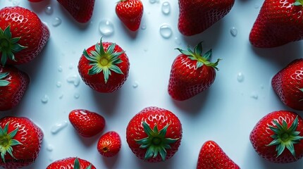 Overhead view of fresh strawberries with water droplets on white surface