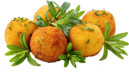 Five golden arancini, garnished with fresh herbs, are arranged on a transparent background, creating a visually appealing presentation of this popular italian dish