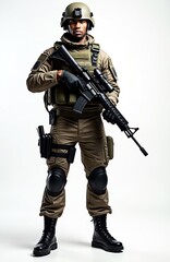 Fototapeta premium Fully equipped soldier in tactical clothing and gear, isolated on white background. Armed with rifle, wearing helmet, vest, goggles, and gloves. Military professional ready for action, a defender.