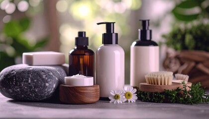 Natural Skincare Products with Eco Packaging on Stone and Wood Bathroom Surface