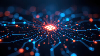 Cybersecurity network with glowing red and blue nodes representing digital protection.