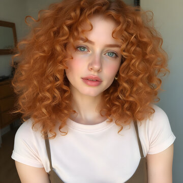 Mujer flaca con cabello cobrizo muy rizado