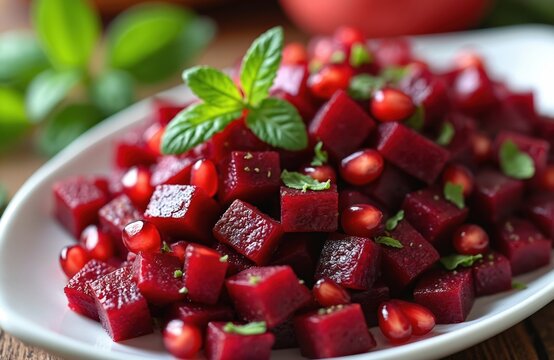 Traditional Turkish appetizer red beet salad pancar salatasi. Fresh beetroot cubes with pomegranate seeds, herbs on white plate. Healthy vegetarian food. Close-up, selective focus.