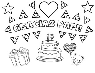 Página para colorear en español con pastel del compleaño, regalo y la frase 