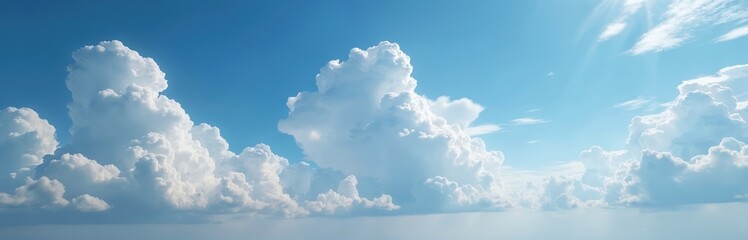 Panoramic view white clouds on blue sky. Fluffy cloudscape, day with sunny weather. Cumulus clouds, bright sunlight, space. Beautiful nature, clean air, environment, heaven scenic season.