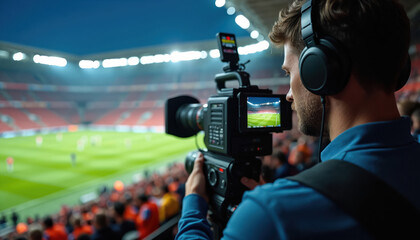 Cameraman films live sports broadcast from camera at stadium. Pro media operator wears headphones. Match in progress. Focus on video camera screen. Sports news production, television tech, live