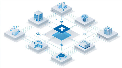 Healthcare digital ecosystem. Healthtech digital transformation. Smart hospitals. AI in medicine. Multi-clinic network sharing records via cloud technology.