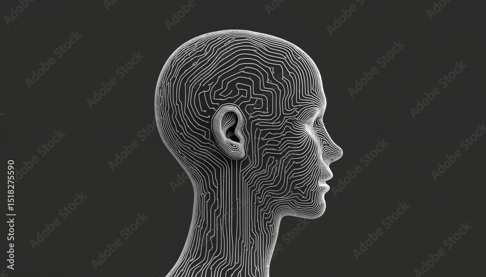 Poster illustration ai artificial intelligence concept. monotone line art graphic profile human head, circu