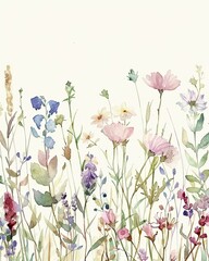 Obraz premium Watercolor meadow brimming with wildflowers in gentle hues evoking spring fresh air natural beauty with soft diffused