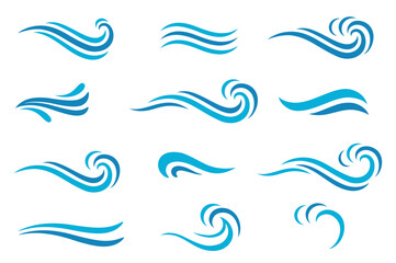 Waves set blue sea ocean icons
