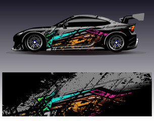 Fototapeta premium Car wrap design vector. Graphic abstract stripe racing background designs for vehicle, rally, race, adventure and car racing livery