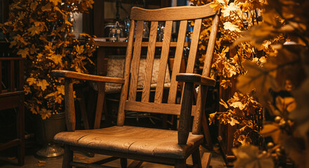 Old vintage wooden rocking chair, autumn, dry leaves