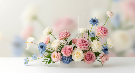 Pastel Pink and Blue Rose Flower Arrangement in White Box