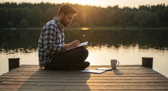 A young businessman is working and writing in a notebook, sitting on a pier by the lake at sunset
