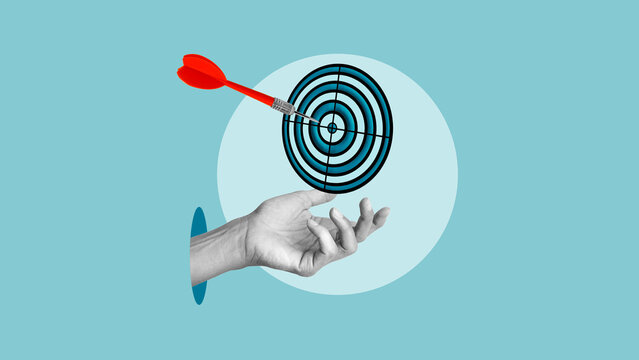 Set your goals is shown using the collage with aim and the hand. Business targeting, aiming, focus concept and way to achieve a goal