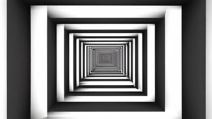 A black and white tunnel of nested squares, creating a perspective effect that draws the viewer inward.  Rows of squares recede into a central vanishing point