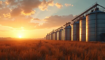 Large storage tanks, silos at sunset. Silhouettes of modern industrial metal containers with pipelines. Grain storage, fuel, chemical, agriculture, harvest production, storage concept. Beautiful