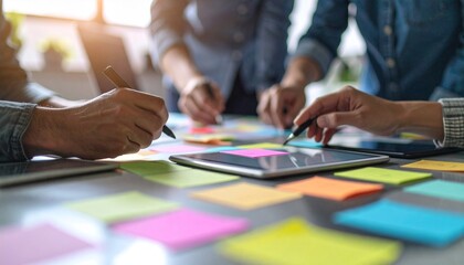 Innovative Team Collaborating with Sticky Notes and Tablets in a Casual Co-Working Environment