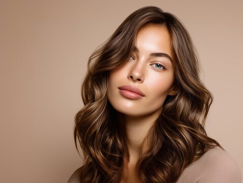 Woman with mocha bronde wavy hair on beige background