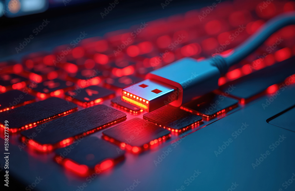 Poster Red glowing USB cable on laptop keyboard. Data transfer connection, digital device port tech. Modern cyber network technology, interface, input output. Information processing.