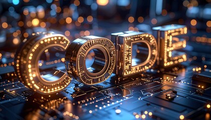 Fototapeta premium Illuminated 3D Code Text on Technology Background
