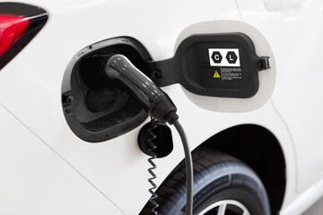 EV plug connected white EV Car for recharging battery energy.