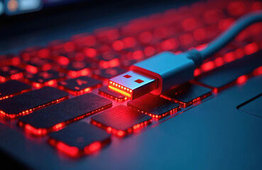 Red glowing USB cable on laptop keyboard. Data transfer connection, digital device port tech. Modern cyber network technology, interface, input output. Information processing.